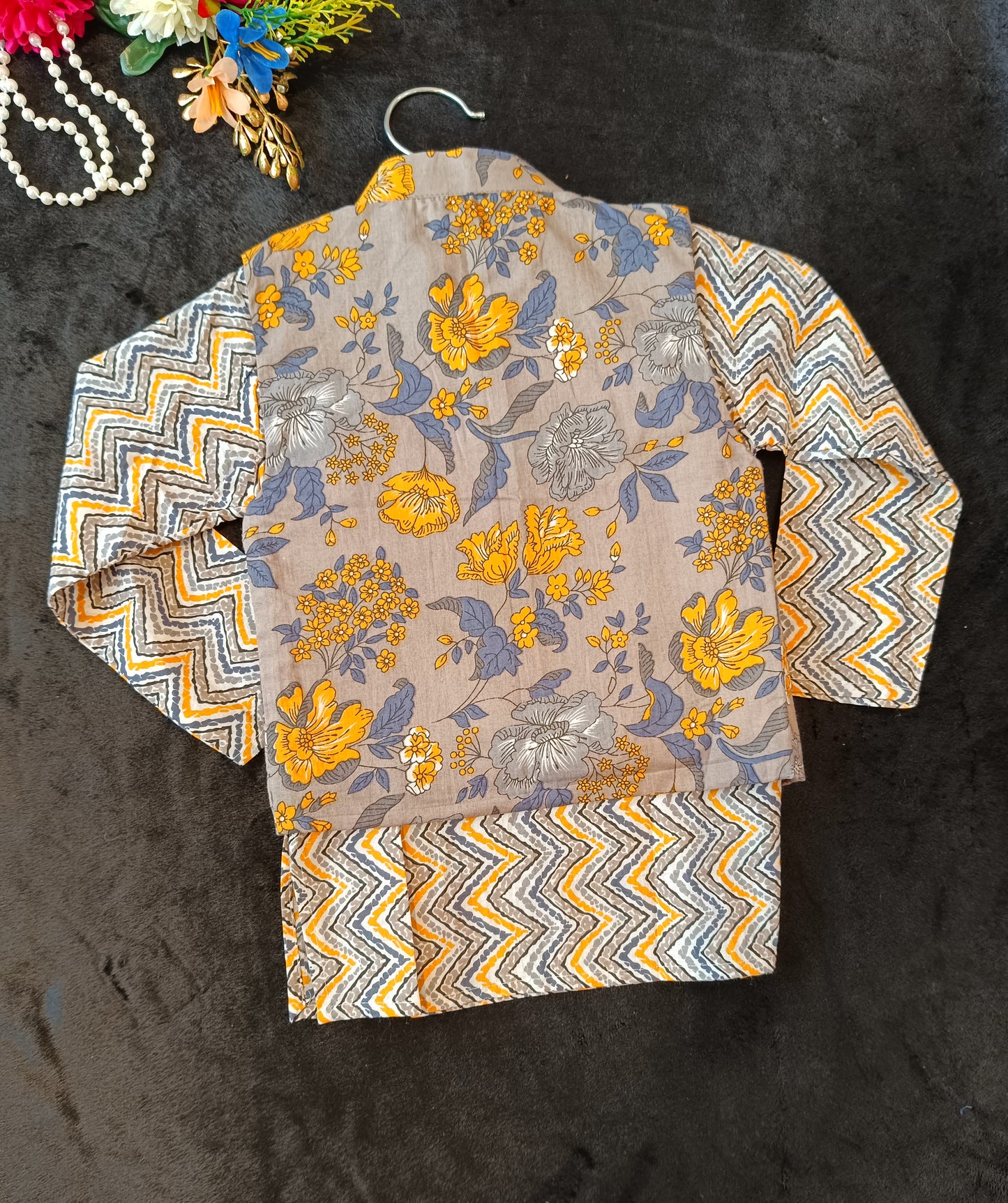 Grey/Yellow Fool -Patti print Jacket with Kurta -Pyjama