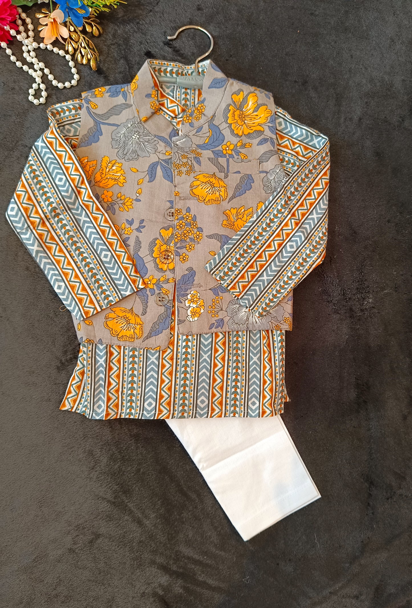 Grey/Yellow Fool -Patti print Jacket with Kurta -Pyjama