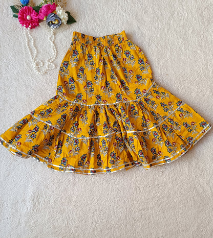 Mutard colour Block Print Peplum top  With Lengha
