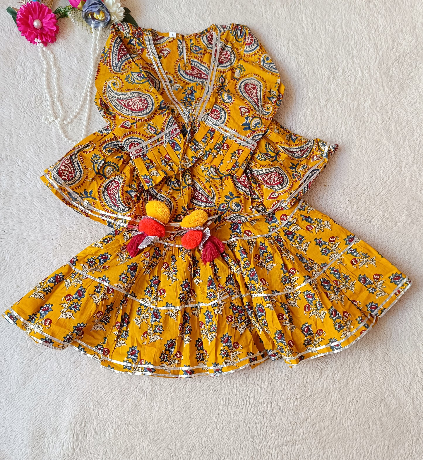 Mutard colour Block Print Peplum top  With Lengha