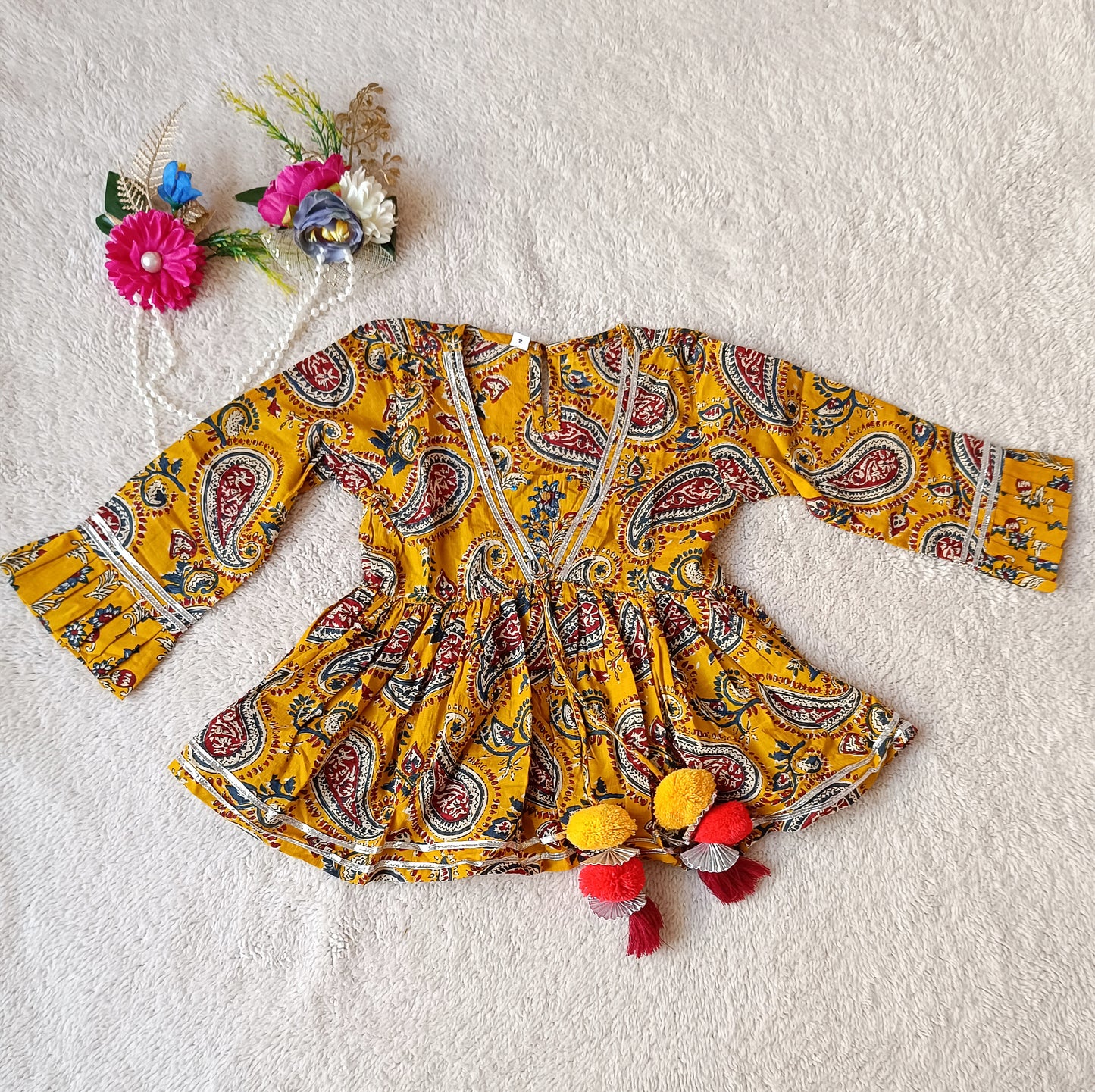 Mutard colour Block Print Peplum top  With Lengha