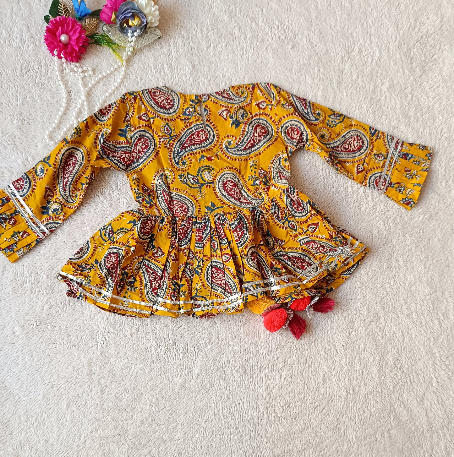 Mutard colour Block Print Peplum top  With Lengha