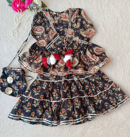 Black Colour Block Print Peplum Top with Lehenga