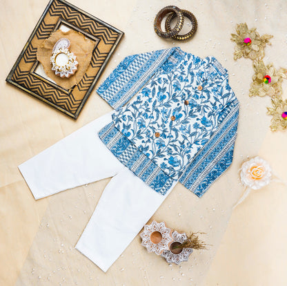 Grey And White Block Print Kurta Pajama With Jacket