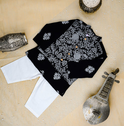 Black Khadi print Jacket with Kurta Pyjama