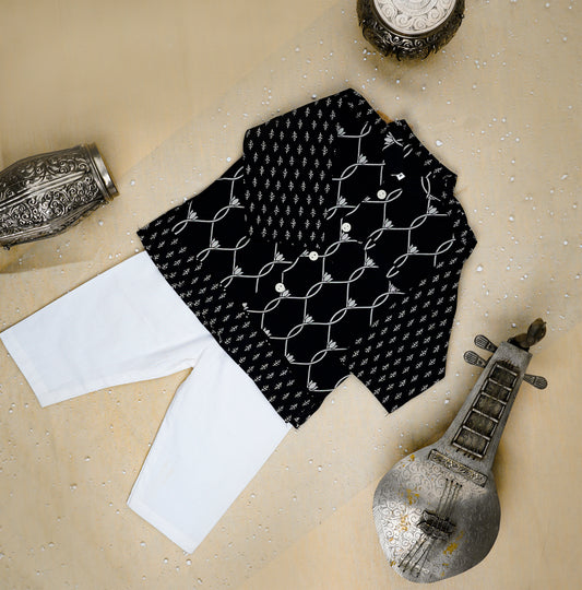 Lotus Print Black Colour Kurta Pyjama with jacket