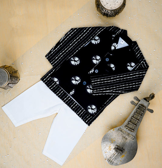Black Bandhej Kurta and Jacket with Pyjama