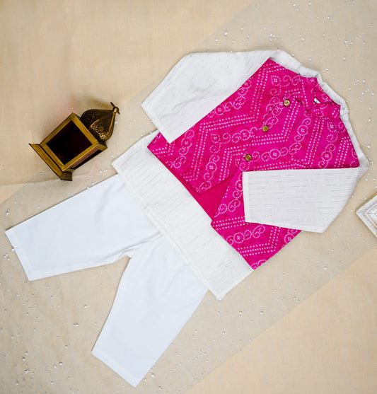 Baby Pink Bandhej Jacket with Kurta-Pyjama