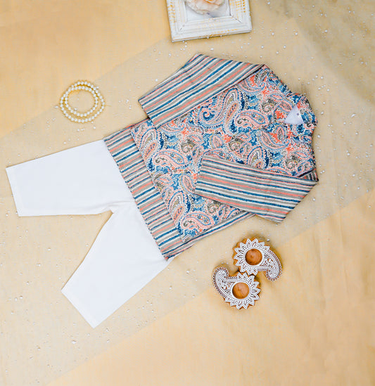 Orange Pastel Paisley Jacket with Kurta Pyjama