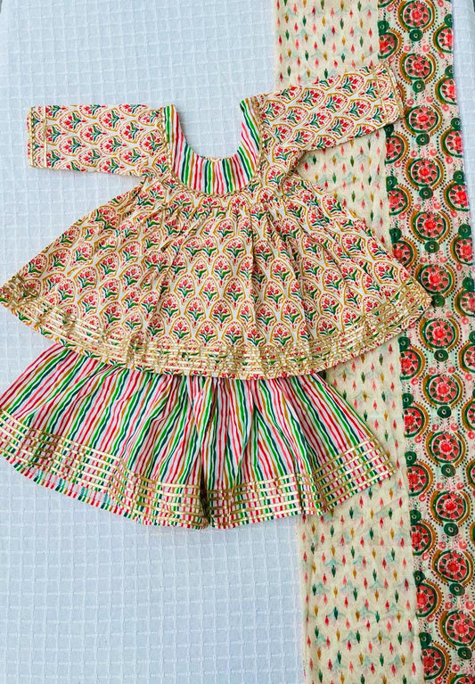 Orange Block  Print  Coloured Sharara  With Anarkali Suit