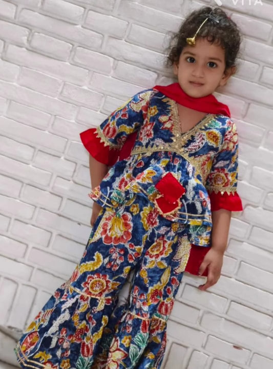 Abstract Flower   Print  Ink Blue   Coloured Sharara With Peplum
