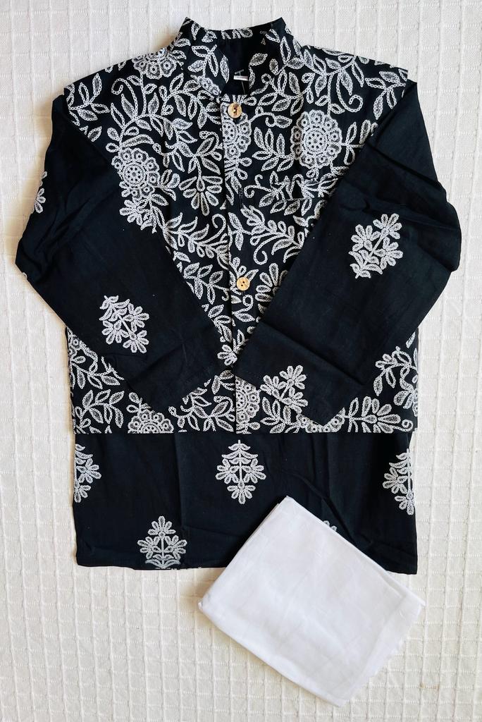 Black Khadi print Jacket with Kurta Pyjama