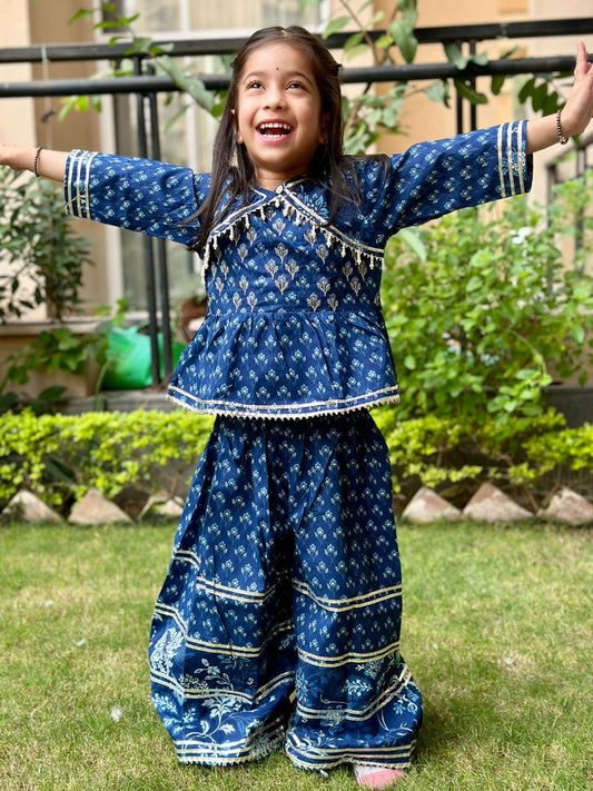 Blue Colour printed Anarkali Suit with Sharara