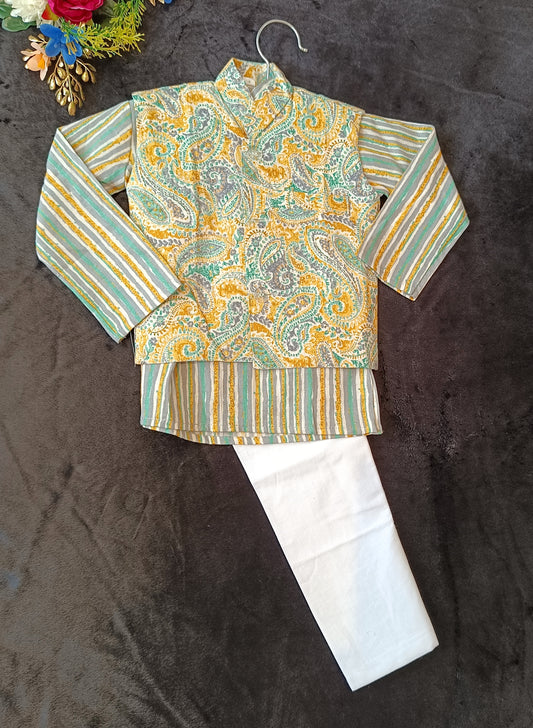 Yellow Pastel Paisley Jacket with Kurta Pyjama