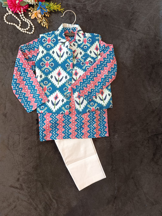 Ikkat Blue print Jacket with Kurta Pyjama