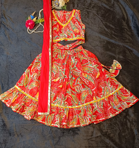 Sleeveless  Floral Print  Red Colour Lehenga Choli