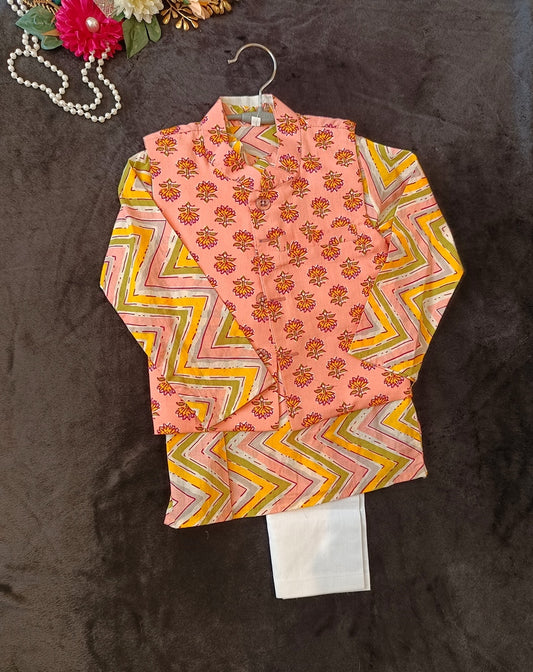 Peach/ pink block print Jacket with Kurta -Pyjama