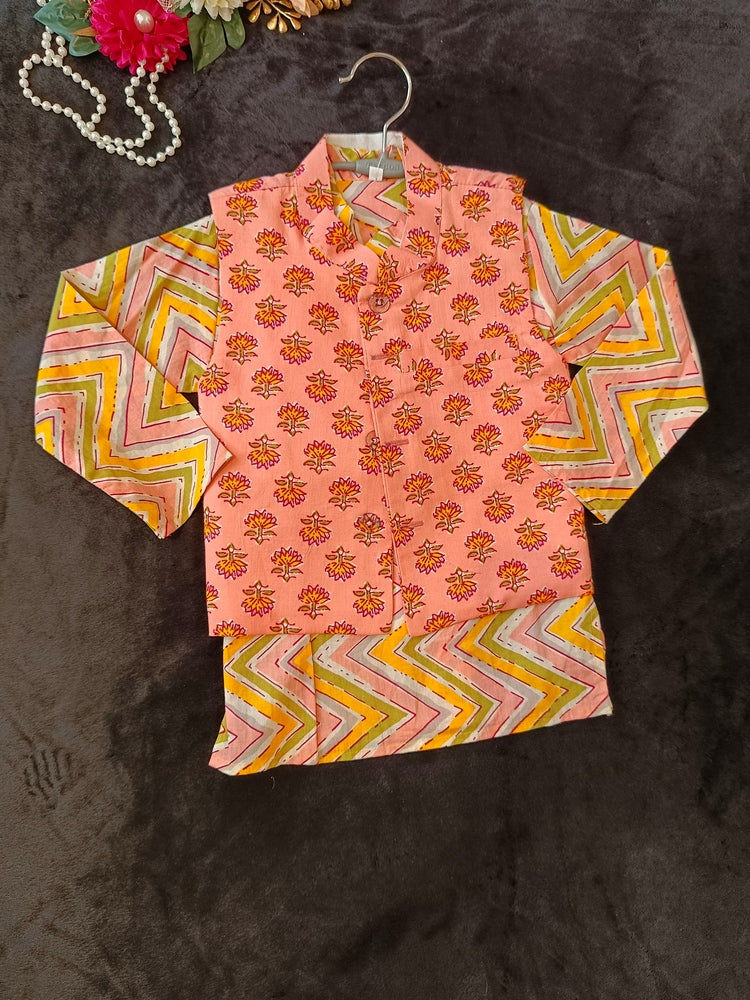 Peach/ pink block print Jacket with Kurta -Pyjama
