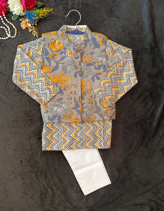 Grey/Yellow Fool -Patti print Jacket with Kurta -Pyjama