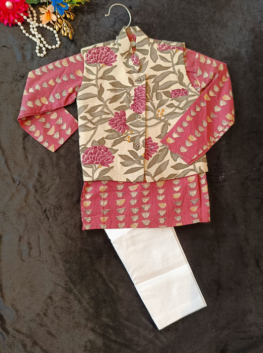 Flower Print Onion Colour Kurta Pyjama With Jacket