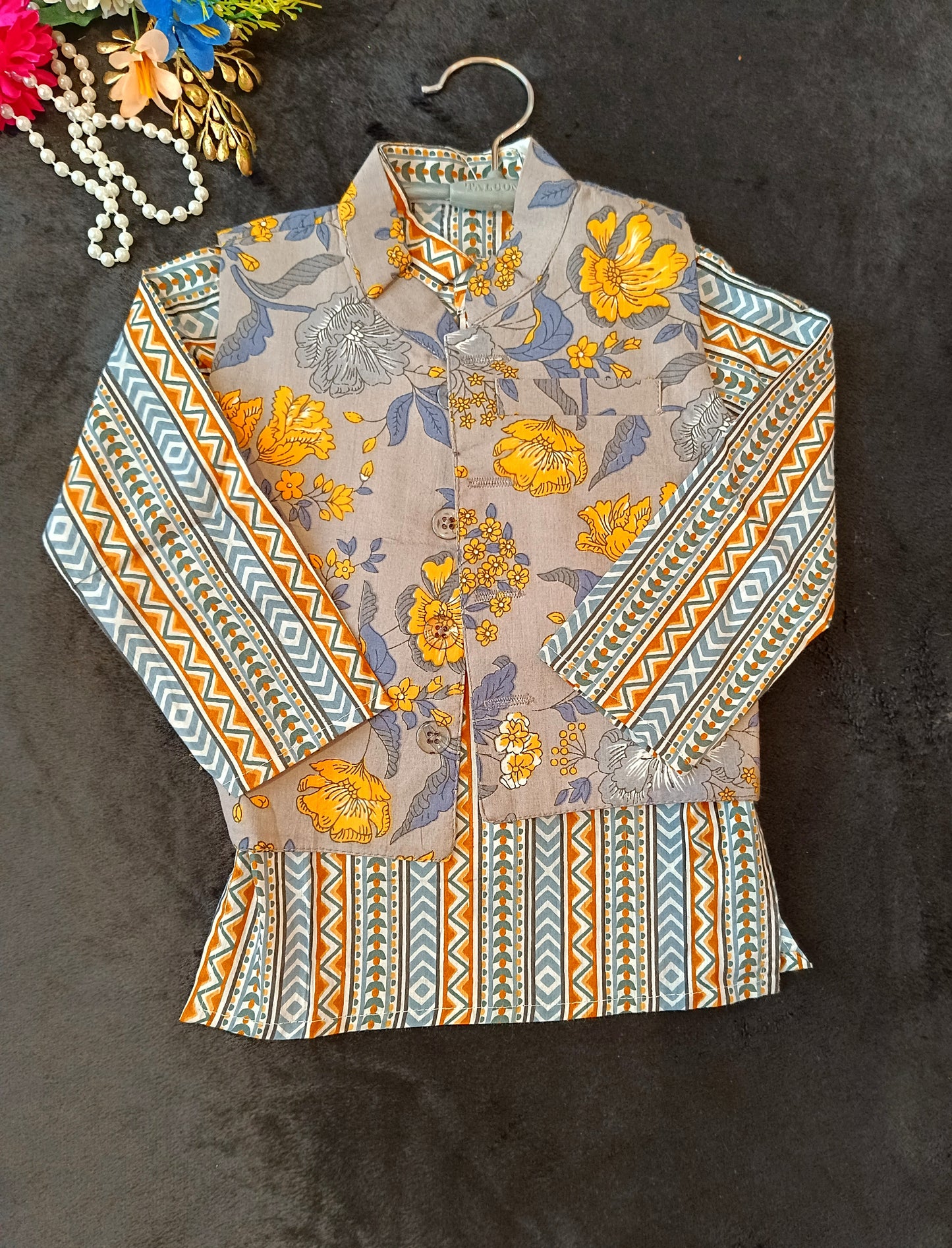 Grey/Yellow Fool -Patti print Jacket with Kurta -Pyjama