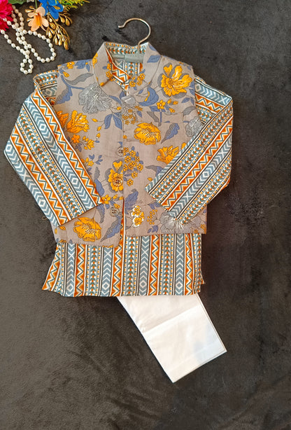 Grey/Yellow Fool -Patti print Jacket with Kurta -Pyjama