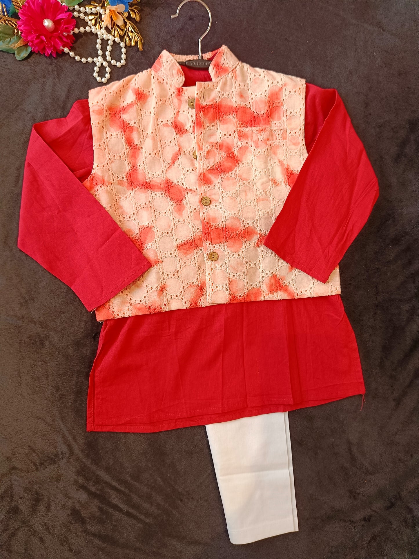 Schiffli Peach-Rust Jacket with Kurta Pyjama