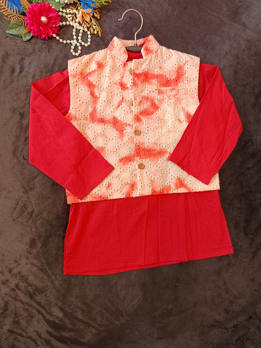Schiffli Peach-Rust Jacket with Kurta Pyjama