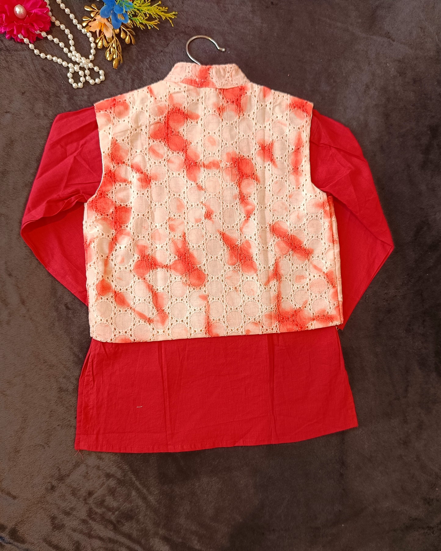 Schiffli Peach-Rust Jacket with Kurta Pyjama