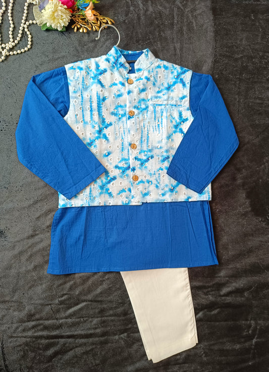 Schiffli Blue Jacket with Kurta Pyjama