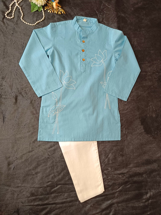 Indigo Blue Printed Kurta With White Pyjama
