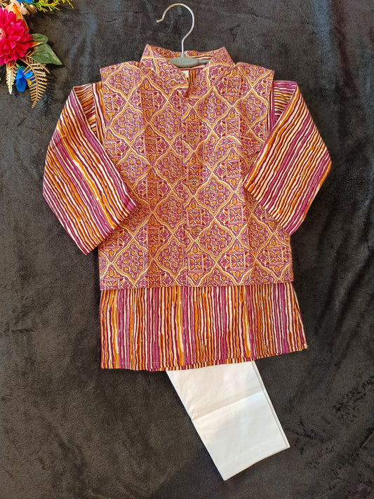 Ajrakh Print Onion Pink colour Kurta Pajama & Jacket