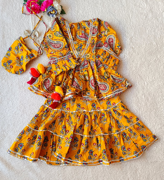 Mutard colour Block Print Peplum top  With Lengha
