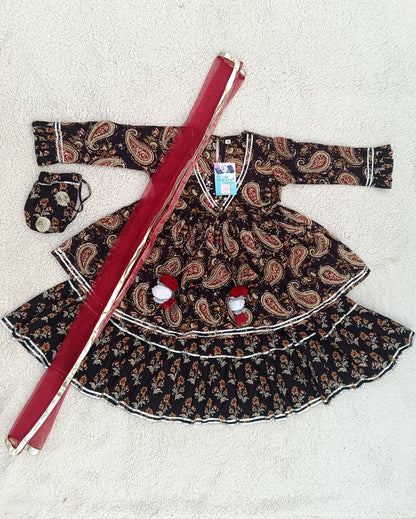 Black Colour Block Print Peplum Top with Lehenga