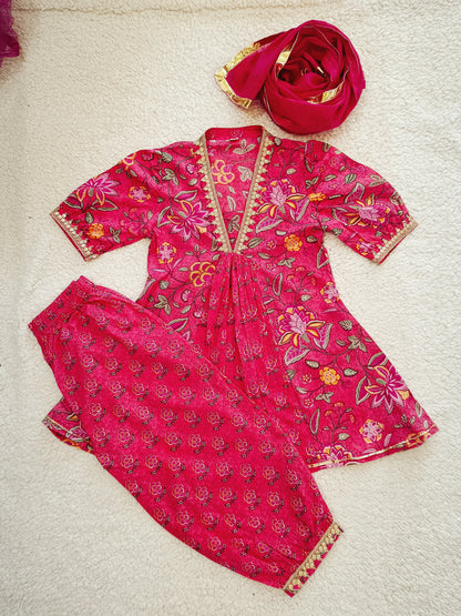 Floral Print Rani Pink Colour Anarkali Suit With Afghani Salwar