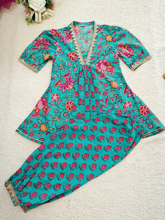 Floral Print Sea Green Anarkali Kurta With Afghani Salwar