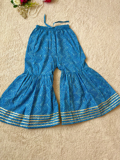 Blue Colour Block Print Anarkali Suit With Sharara