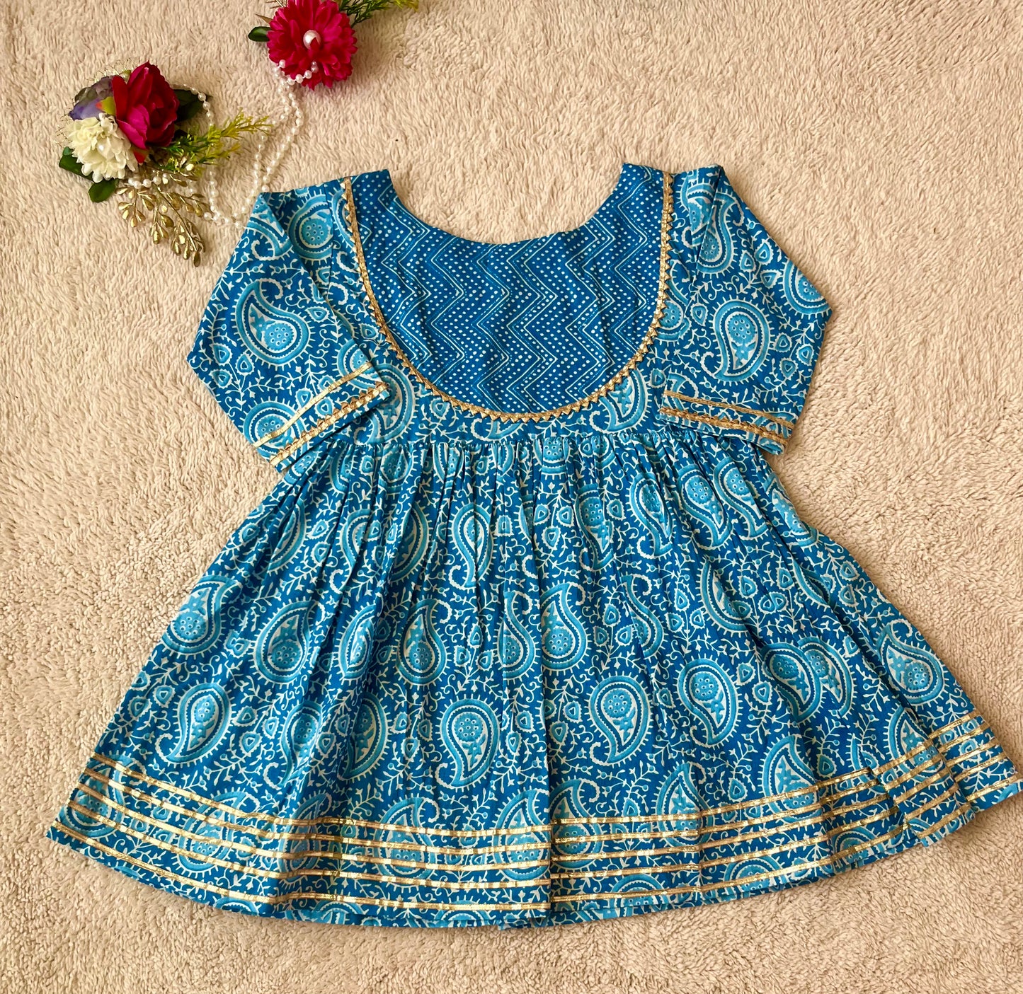 Blue Colour Block Print Anarkali Suit With Sharara