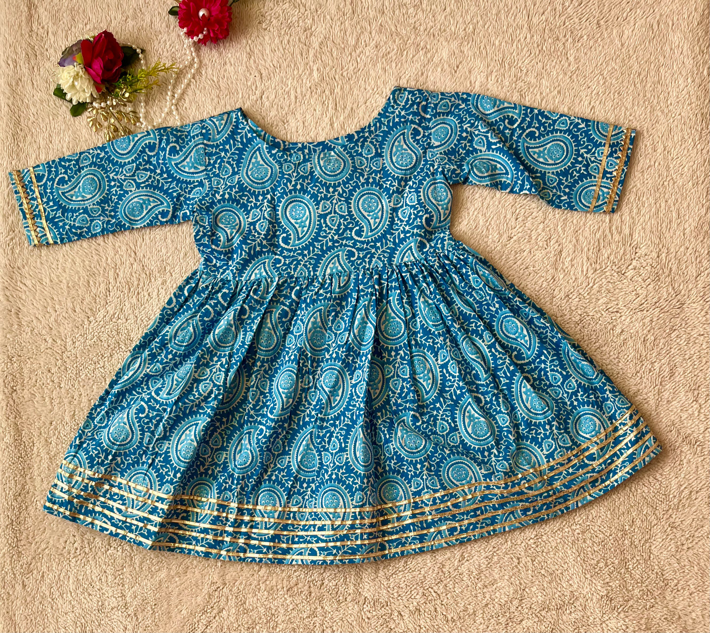 Blue Colour Block Print Anarkali Suit With Sharara
