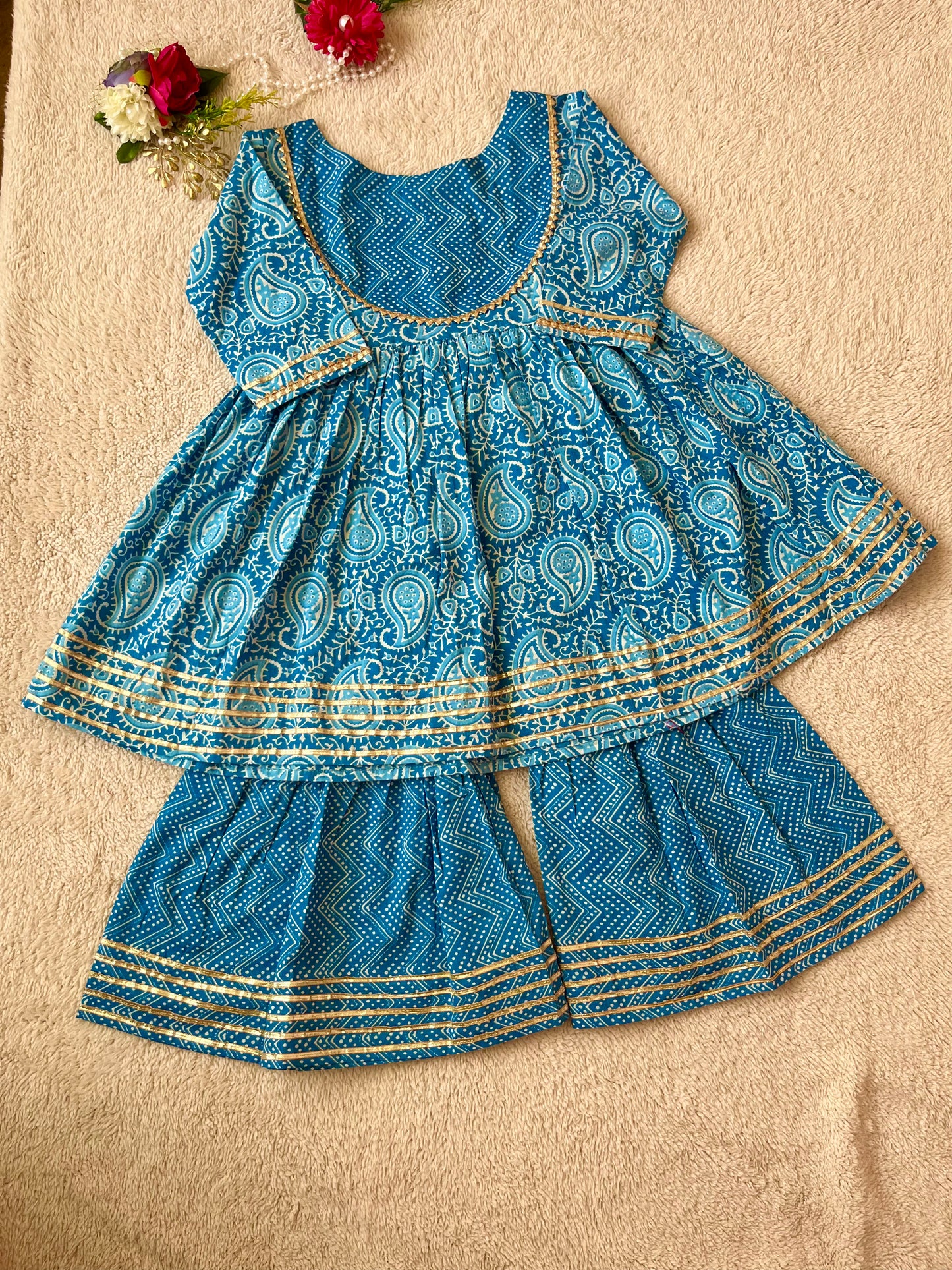 Blue Colour Block Print Anarkali Suit With Sharara