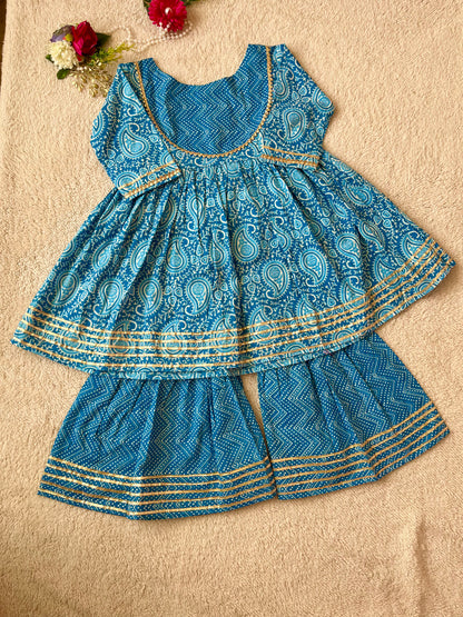 Blue Colour Block Print Anarkali Suit With Sharara