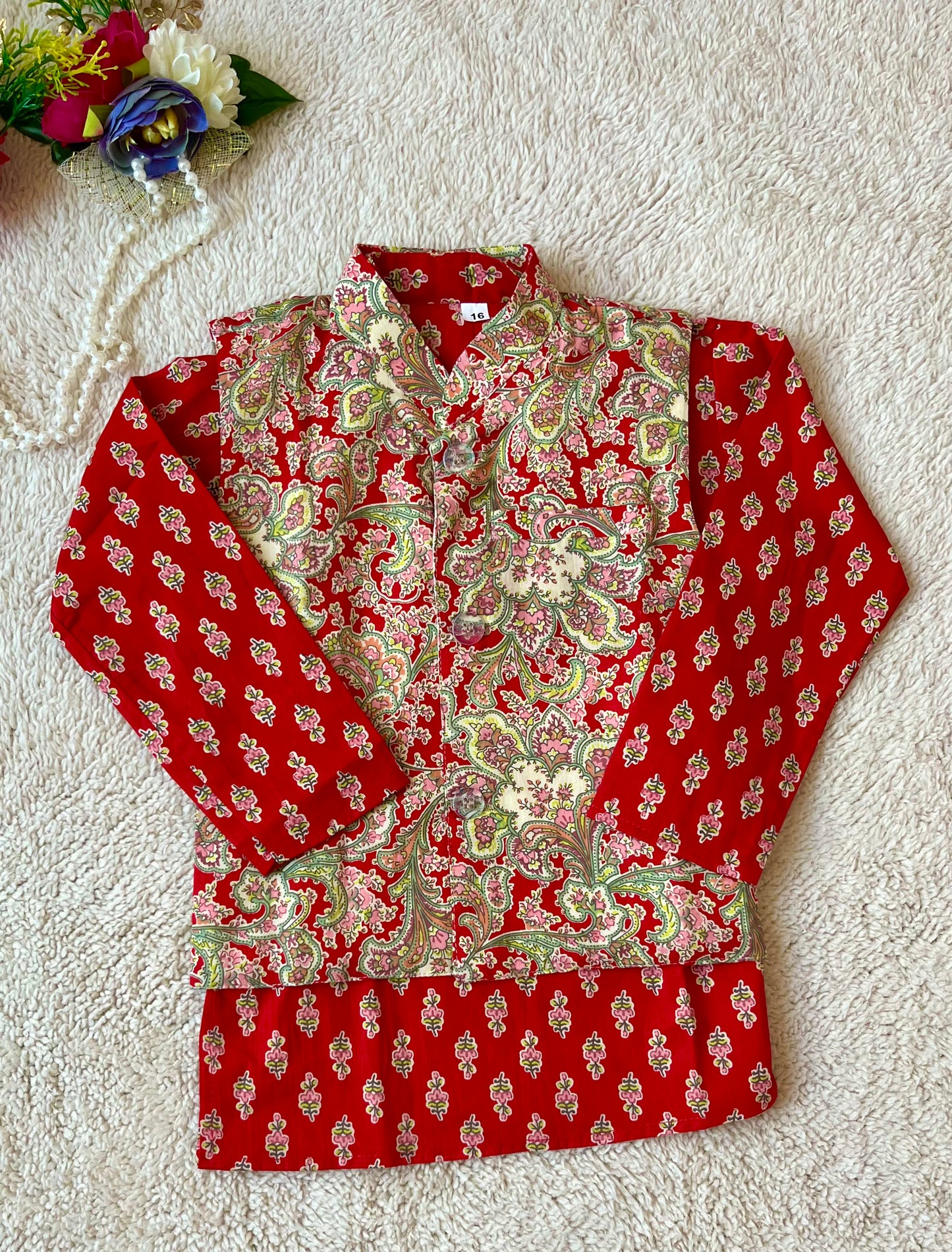 Red Jaal Buta Jacket with Kurta Pyjama