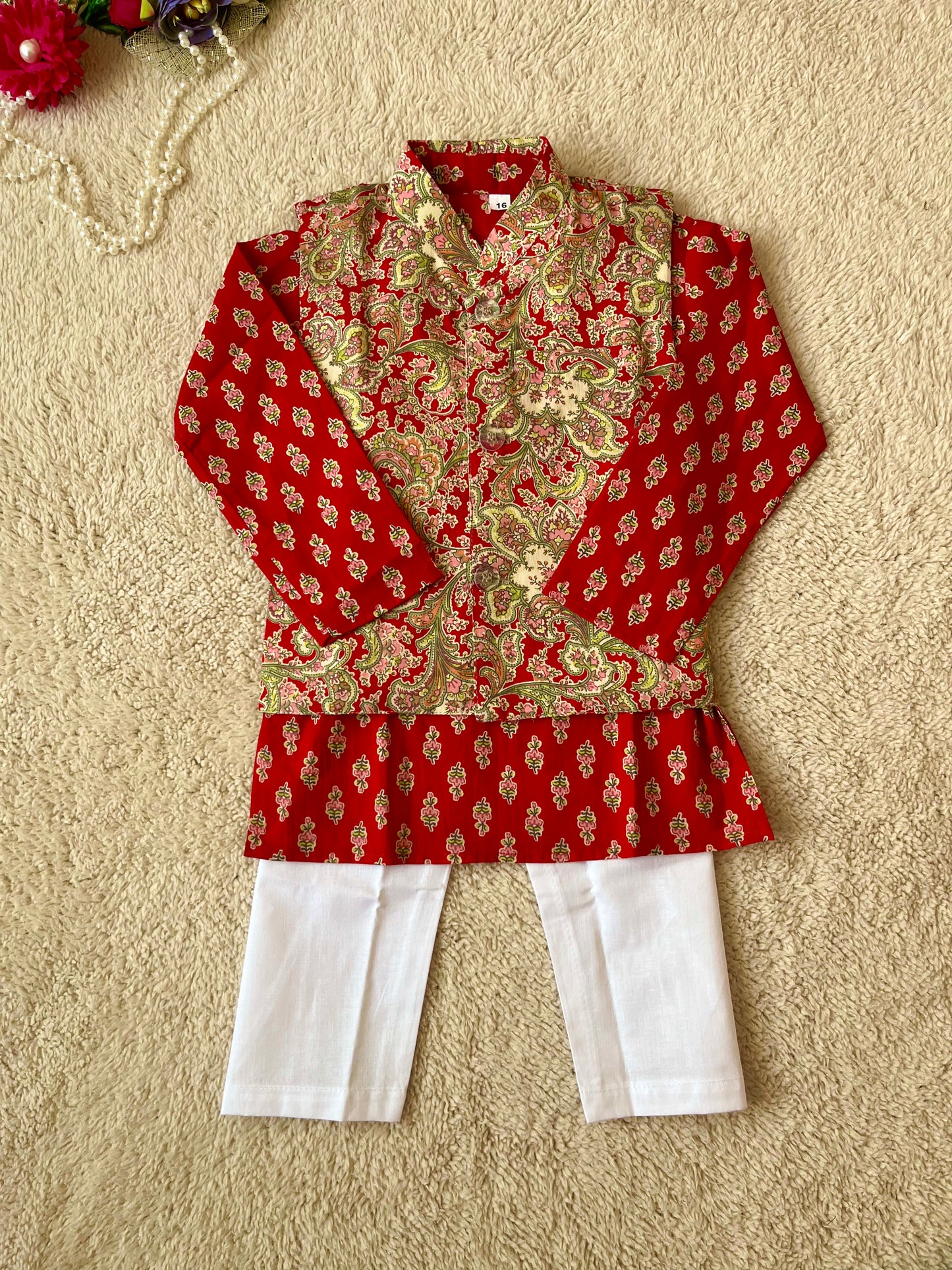 Red Jaal Buta Jacket with Kurta Pyjama