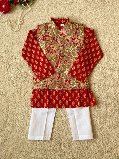 Red Jaal Buta Jacket with Kurta Pyjama