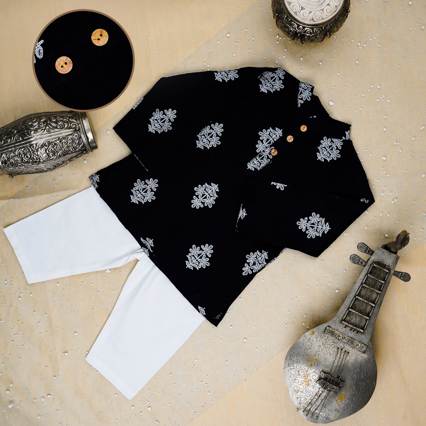 Black Khadi print Jacket with Kurta Pyjama
