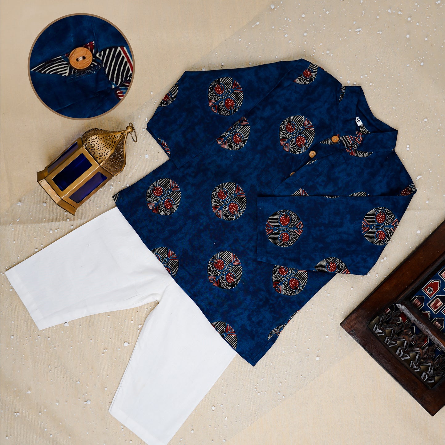 Blue Ajrakh Jacket with Kurta-Pyjama